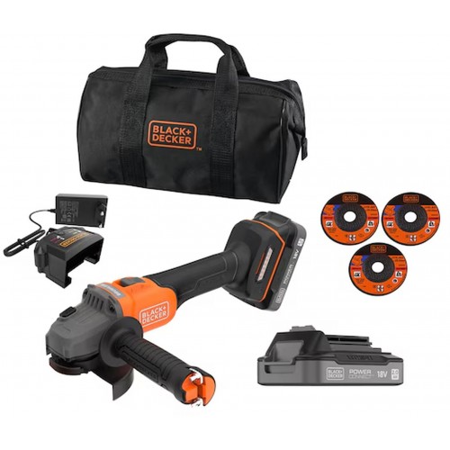Black & Decker BCG6L8D2S Aku bezuhlíková úhlová bruska (18V/2x2,0Ah), 3x kotouč a taška