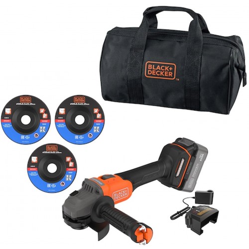 Black & Decker BCG6L8F1S Aku bezuhlíková úhlová bruska (18V/1x4,0Ah), 3x kotouč a taška