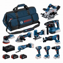 BOSCH 10dílná sada 18V nářadí GSB+GBH+GWS+GDR+GKS+GSA+GOP+GST+GDS+GEX+3x5,0Ah 0615A500EH
