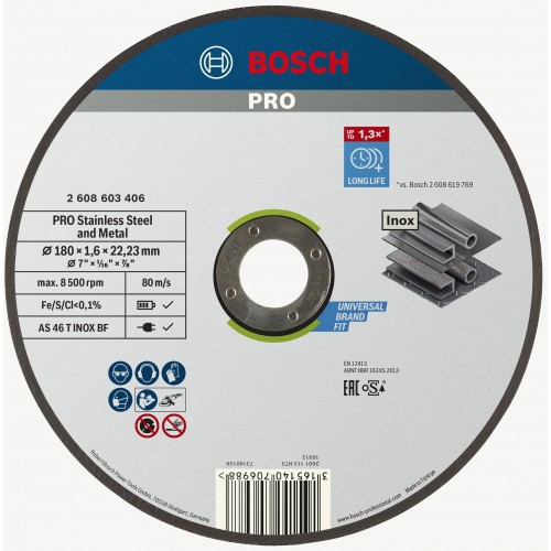 BOSCH Řezací kotouč Stainless Steel and Meta, 180 × 1,6 × 22,23 mm 2608603406 BOSCH Řezací kotouč Stainless Steel and Meta, 180 × 1,6 × 22,23 mm 2608603406