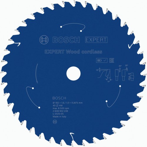 BOSCH EXPERT Wood cordless Pilový kotouč, 165 × 1,6/1 × 15,875 mm, T40 2608902239
