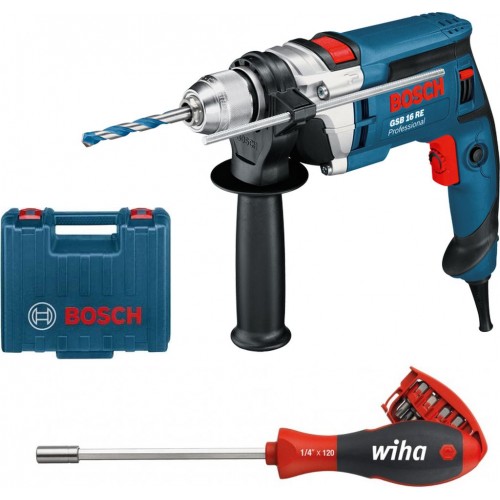 BOSCH GSB 16 RE Příklepová vrtačka + šroubovák Wiha s magnetickým zásobníkem bitů SoftFinish 0615990K30