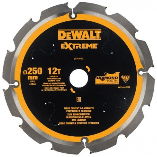 DeWALT DT1474 Pilový kotouč 250 x 30 mm, 12 zubů na cementovláknité desky