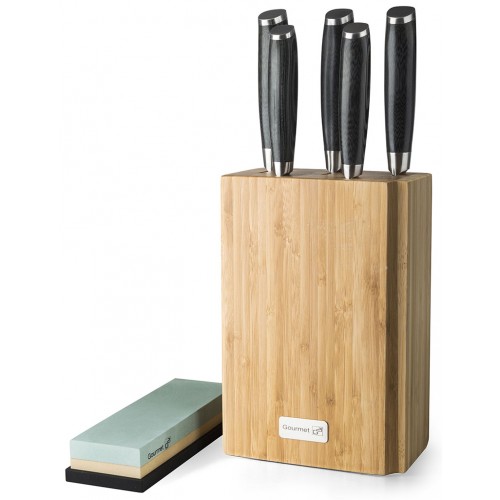 G21 Sada nožů Gourmet Damascus v bambusovém bloku 5 ks + brusný kámen 6002216