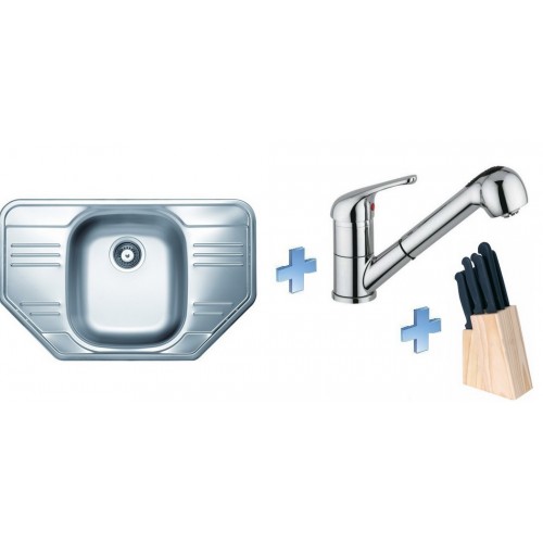 ALVEUS set dřez Allux 30 satin + baterie Mura chrom + sada nožů