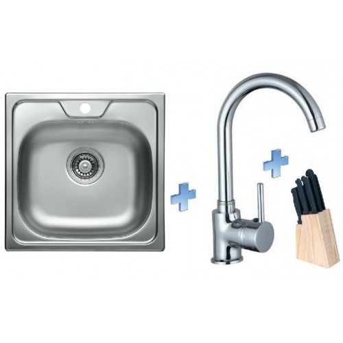 ALVEUS set dřez Allux 70 satin + baterie Tessa chrom + sada nožů