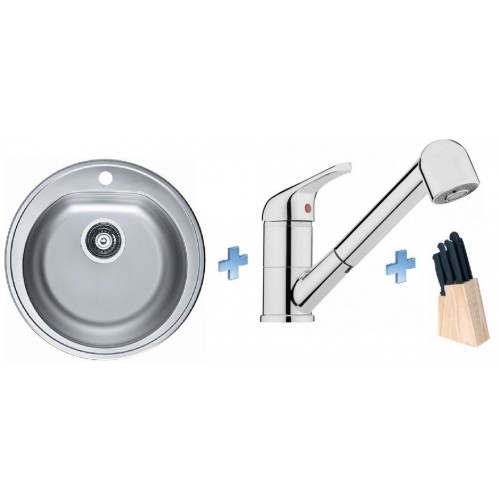 ALVEUS set dřez Form 30 satin + baterie Mura chrom + sada nožů