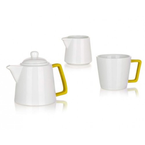 BANQUET 3 Dílná čajová sada konvička 700ml, hrnek 300ml a mléčenka 140ml COLOR PLUS YELLOW 6033800 Technické parametry produktu: Objem (ml): 700, 300, 140 Počet ks v sadě: 3 Materiál: Keramika, Silikon Barva: Bílá, modrá