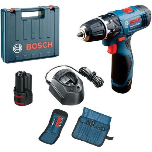 BOSCH GSB 120-Li Aku příklepový šroubovák + 11dílná sada bitů + 12dílná sada vrtáků v kufříku 06019F3007