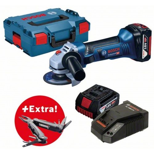 BOSCH GWS 18-125 V-LI Akumulátorová úhlová bruska + 2× akumulátor GBA 18V 4.0Ah + L-BOXX + multifunkční nářadí Swiss Peak, 060193A30B