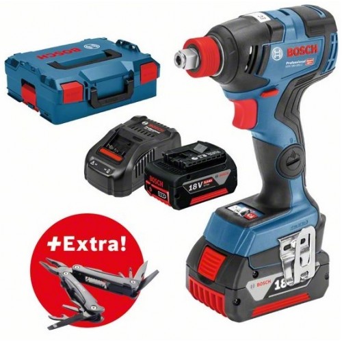 BOSCH GDX 18V-200 C Rázový utahovák, 2× GBA 18V 5.0Ah + L-BOXXU 136 + Multifunkční nářadí Swiss Peak 06019G4201