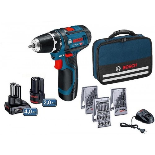 BOSCH GSR 12V-15 Professional Vrtací šroubovák + 25ks sada bitů, 7ks vrtáků do dřeva, 7ks vrtáků do kovu + taška, 0615990G6L