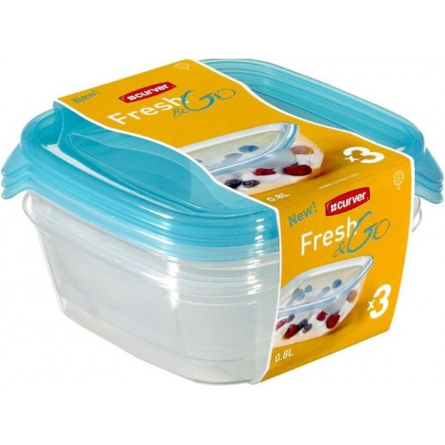 CURVER Dózy na potraviny Fresh&Go 3x 0,8 l, 11 x 15,5 x 15,5 cm, tranparentní modrá, 08559-051