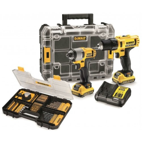 DeWALT Combo sada Aku vrtačka+rázový utahovák 1/4"+100 dílná sada 2 X 2,0Ah DCK216D2T