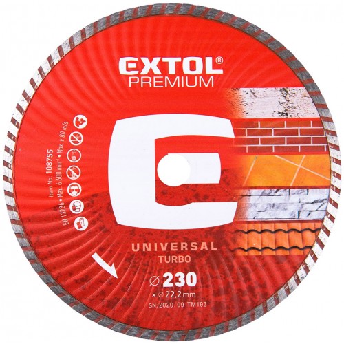 EXTOL PREMIUM kotouč diamantový řezný 230x22,2mm TURBO - suché i mokré řezání 108755