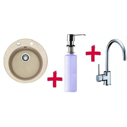 Franke SET G32 dřez RoG 610.085 pískový + dřezová baterie FC 650 + dávkovač saponátu FD 300