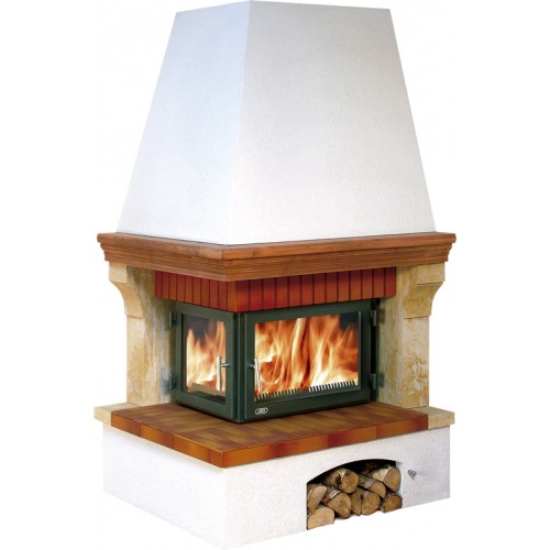 ABX London Klasik TV výměník 7,2kW, Krb rohový, sokl bílý, římsa dřevo, pravý