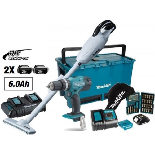 MAKITA HF2108-3 Aku šroubovák DHP453ZX11 +vysavač DCL181FZWX + 2x Aku 18V/6Ah + DC18SH