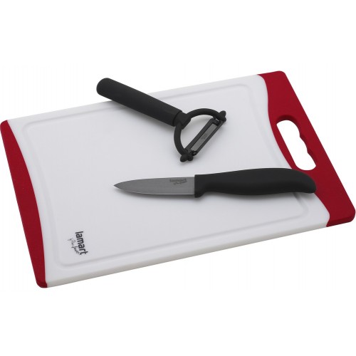 LAMART NOIR Sada LT2019 3ks - keramický nůž 7,5 cm, škrabka a prkénko červené, 42000487