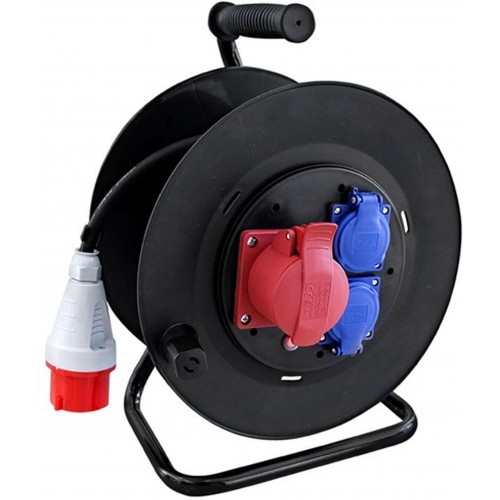 SOLIGHT PB40 prodlužovací přívod na bubnu, 3 zásuvky, 400V + 230V, 25m gumový kabel, IP44