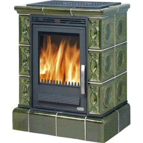 ABX Helvetia K kachlová kamna na dřevo s kombi vložkou (litina/plech), kachlový sokl, zelená