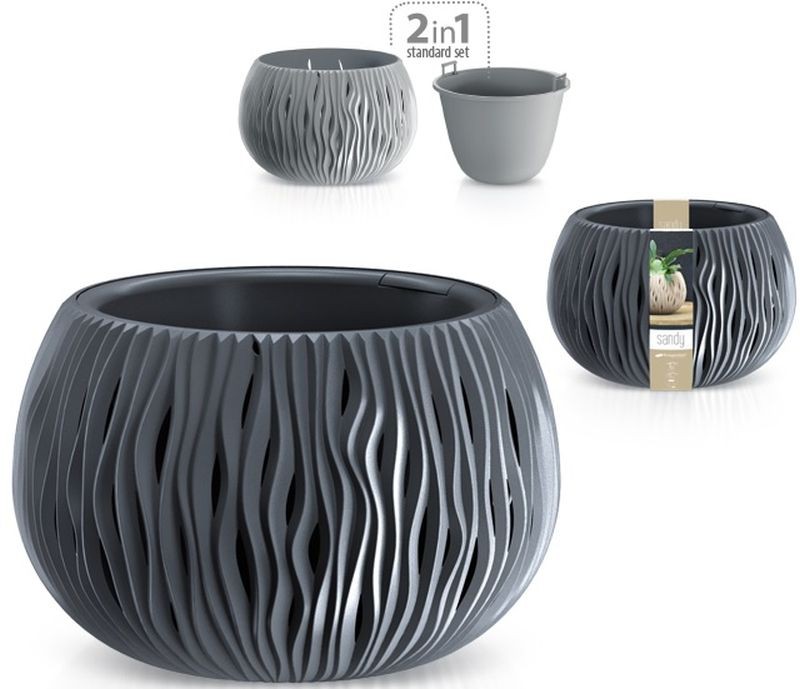 Prosperplast Vaso Pensile Sandy Bowl Grigio - Diametro 29 Cm, Altezza 19,5 Cm, 3,9 Litri, Con Inserto E Maniglie