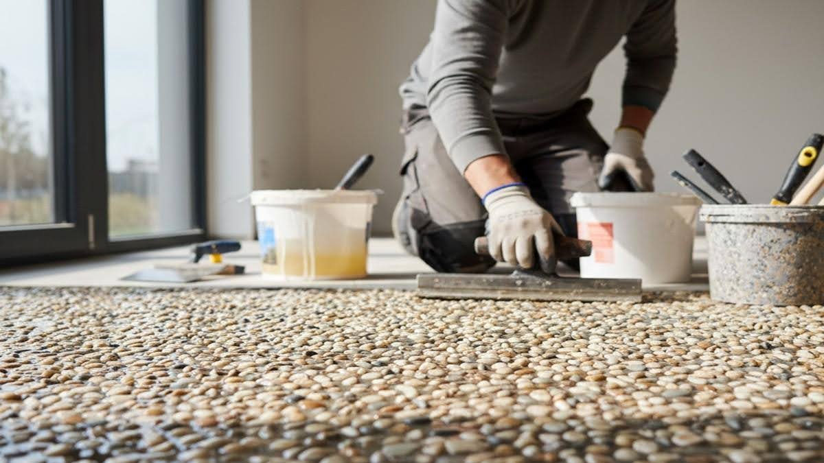 Řemeslník pokládá v prosvětlené místnosti kamennou dlažbu a vyhlazuje povrch stěrkou.
