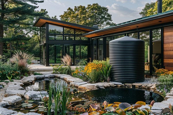 Alt text: Moderní nádrž na dešťovou vodu shromažďuje dešťovou vodu v zahradě moderního rodinného domu.