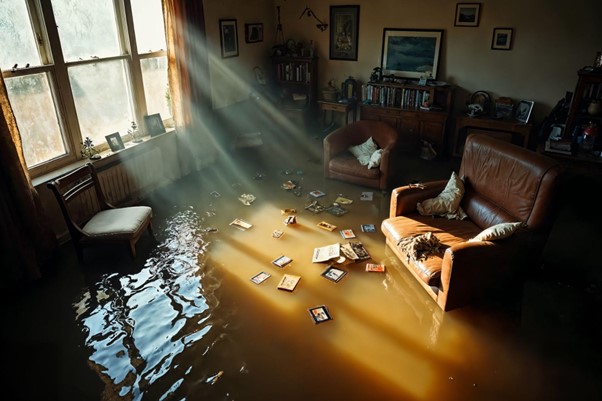 [Image: Flooded living room with floating books in sunlight. (freepik)]