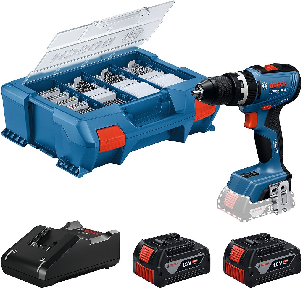 BOSCH GSB 18V-65 PROFESSIONAL Příklepový vrtací šroubovák, 2 x 4.0Ah, L-case 06019N3307