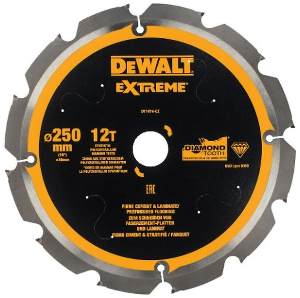 DeWALT DT1474 Pilový kotouč 250 x 30 mm, 12 zubů na cementovláknité desky
