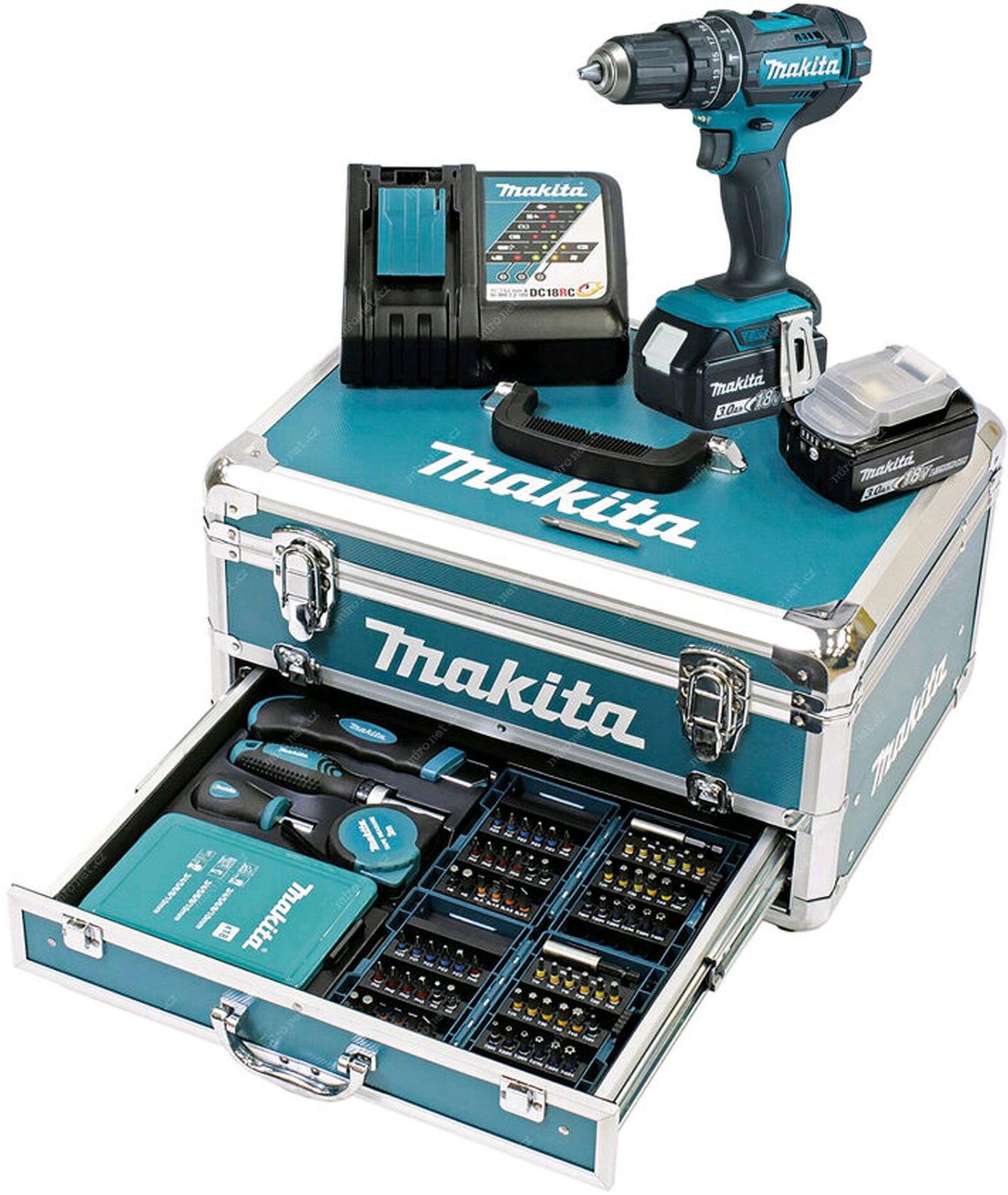 MAKITA DHP482RFX9 Aku příklepový šroubovák (2x3,0Ah/18V) + hliníkový kufr + sada příslušenst