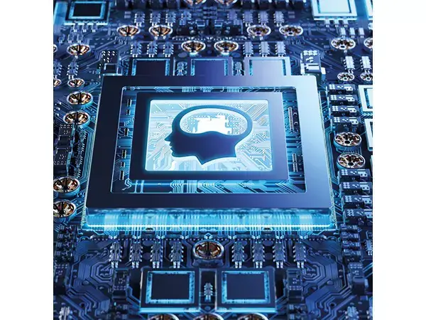 Grafické znázornění mikroprocesorového řízení s mikročipem na desce plošných spojů, symbolizující inteligentní řízení nabíječky Einhell CE-BC 2 M.