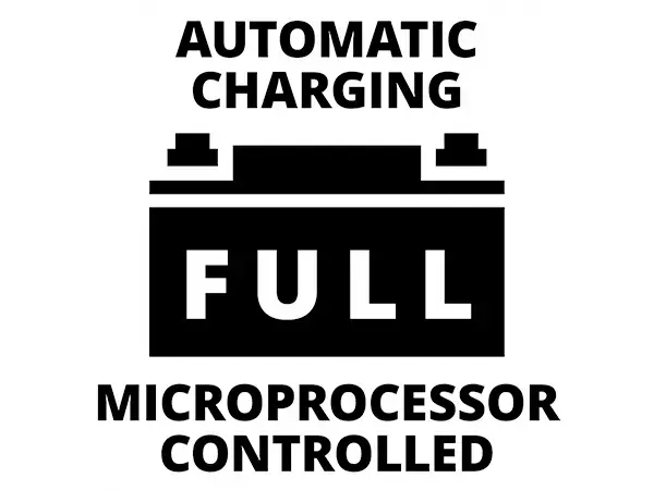 Černobílá grafika se symbolem baterie a textem „Automatic Charging – Full – Microprocessor Controlled“ ukazuje automatické přizpůsobení napětí u nabíječky Einhell CE-BC 6 M.