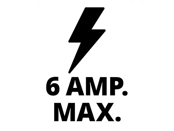 Černobílá grafika se symbolem blesku a textem „6 AMP. MAX.“ ukazuje maximální nabíjecí proud nabíječky Einhell CE-BC 6 M.