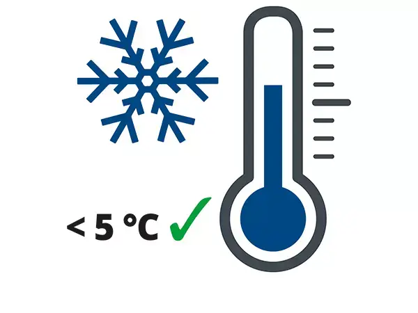 Grafika se symbolem sněhové vločky, teploměru a textem, znázorňující zimní nabíjecí režim nabíječky Einhell CE-BC 10 M pro teploty pod 5 °C.