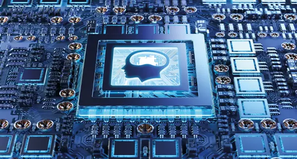 Grafické znázornění tištěného spoje s mikrochipem, symbolizující mikroprocesorové řízení nabíječky baterií Einhell CE-BC 5 M LiFePO4.