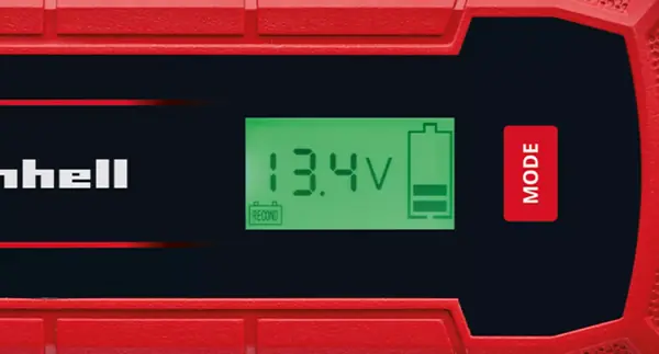 Frontalní pohled na LCD displej nabíječky baterií Einhell CE-BC 5 M LiFePO4 s indikací napětí „13,4 V“.