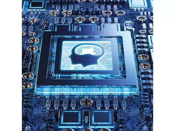 Grafické znázornění desky plošných spojů s mikroprocesorem symbolizuje řízení mikroprocesorem u nabíječky baterií Einhell CE-BC 15 M.