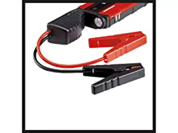 Einhell Jump-Start Power Bank s připojeným startovacím kabelem a ochrannou zástrčkou.
