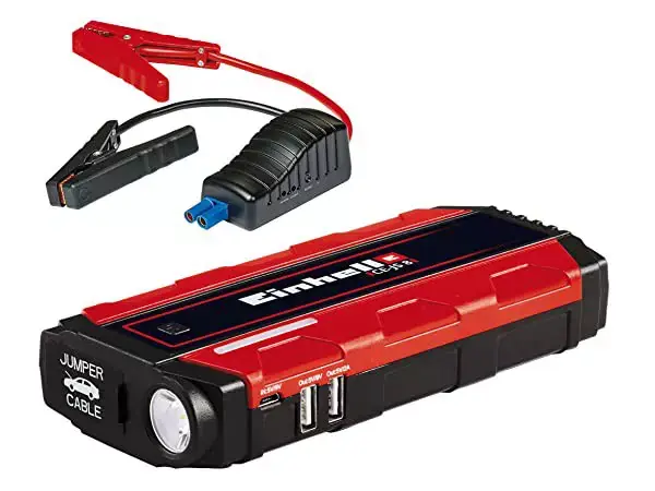 Einhell Jump-Start Power Bank CE-JS 8/1 se startovacím kabelem a červenými i černými pólovými svorkami na bílém pozadí.