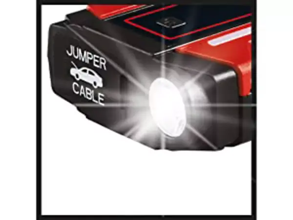 Detailní záběr na Einhell Jump-Start Power Bank se zapnutým LED pracovním světlem.