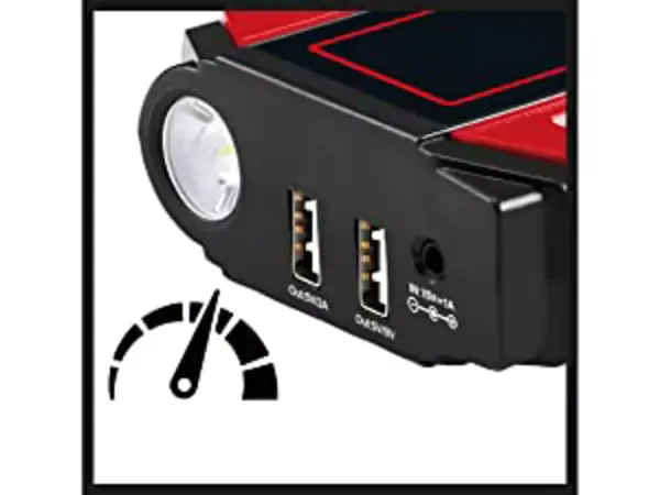 Boční pohled na Einhell Jump-Start Power Bank CE-JS 12/1 s USB konektory, indikátorem nabíjení a kabelem.