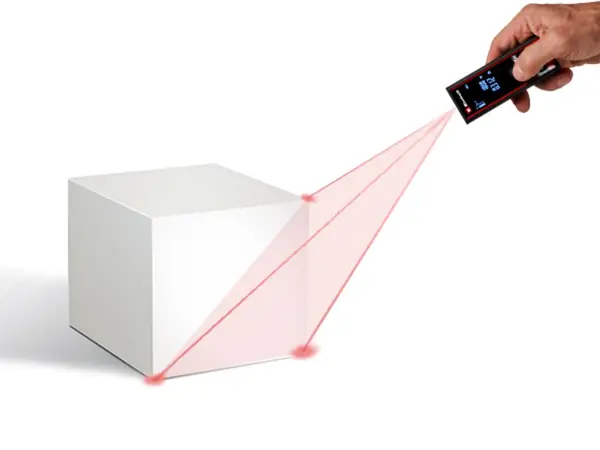 Laserové měřidlo Einhell TC-LD 60 R snímá dvě strany objektu pro výpočet plochy pomocí dvou laserových paprsků.