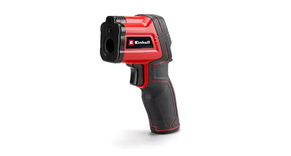 Infračervený teploměr Einhell TC-IT 550 na bílém pozadí, zobrazený z boku.