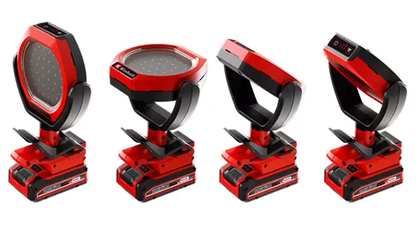 Aku venkovní lampa Einhell GC-OL 18/1500 Li-Solo na bílém pozadí ve čtyřech pozicích. Lampa je nakloněná nahoru a dolů nebo dopředu a dozadu.