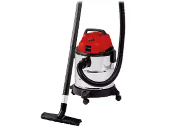 Der Einhell Nass-Trockensauger TC-VC 1820 S mit Bodendüse, Saugrohr und Schlauch auf weißem Hintergrund.