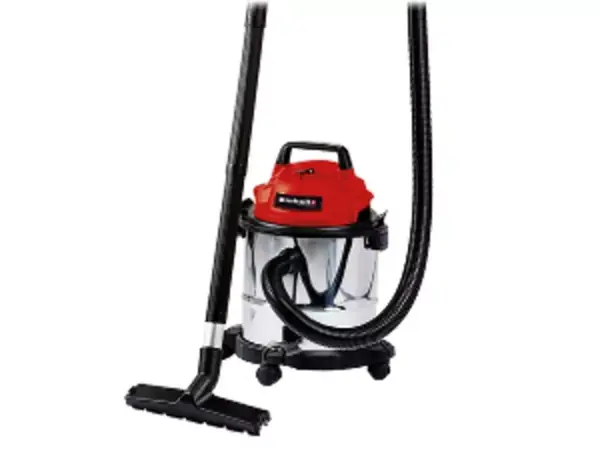 Der Einhell Nass-Trockensauger TC-VC 1812 S mit Bodendüse, Saugrohr und Saugschlauch auf weißem Hintergrund.