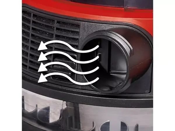 Detailní pohled na výfukový otvor akumulátorového mokro-suchého vysavače Einhell TP-VC 36/30 S Auto-Solo, z něhož proudí vzduch vyznačený šipkami.