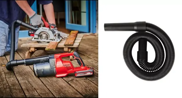 Aku tyčový vysavač Einhell TE SV 18 Li Solo s připojenou flexibilní hadicí při odsávání pilin z kotoučové pily vedle je detailní záběr flexibilní sací hadice na bílém pozadí